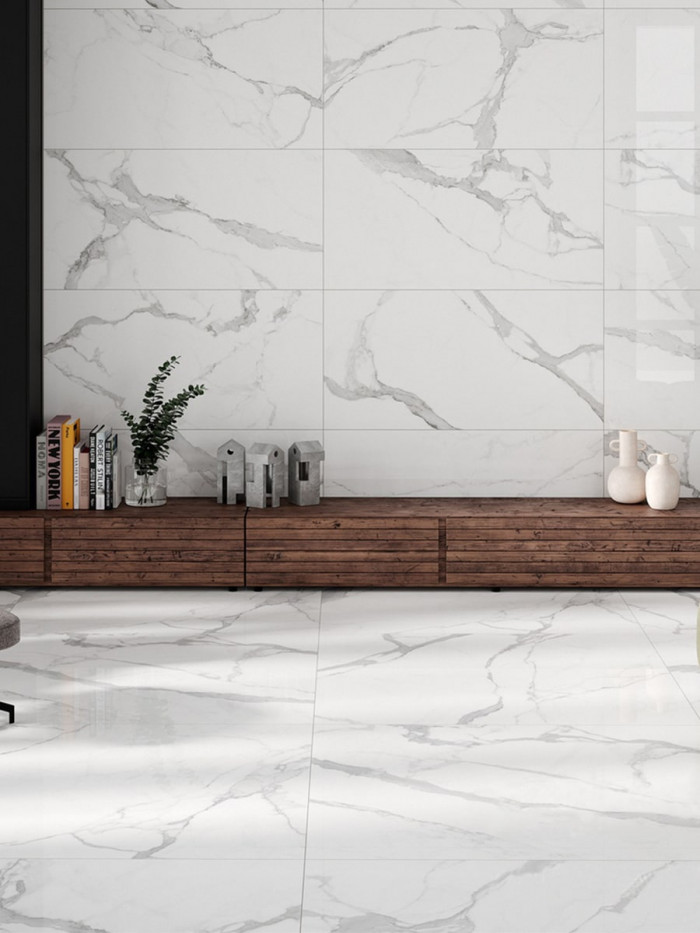 Statuario Smoke White Polished Porcelain Tile - 1200x600mm